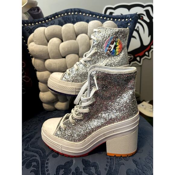 Converse Silver Glitter LGBTQ Pride Cunky Platform Heels size 7/EU 37.5 - Picture 2 of 7